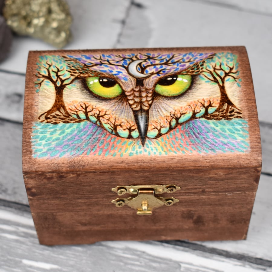 Owl eyes on the horizon, small rustic wooden felt lined chest