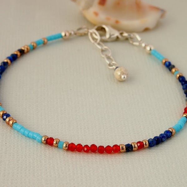 Gemstone Bracelet - Lapis Lazuli - Carnelian - Layering - Sterling Silver 