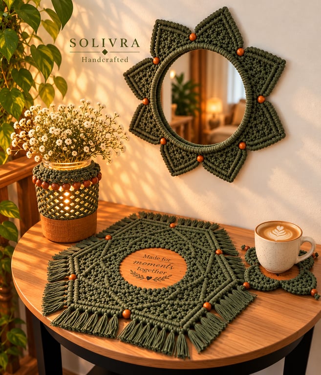 Handmade Olive Green Macrame Home Decor Collection – 4 Piece Boho Set