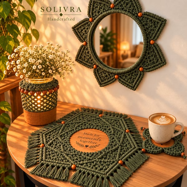 Handmade Olive Green Macrame Home Decor Collection – 4 Piece Boho Set