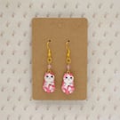 Gold Plated Pink Cat Charm Earrings