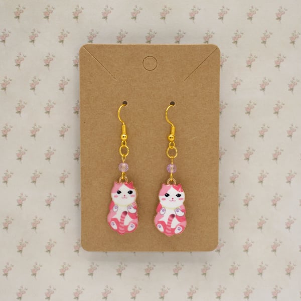 Gold Plated Pink Cat Charm Earrings