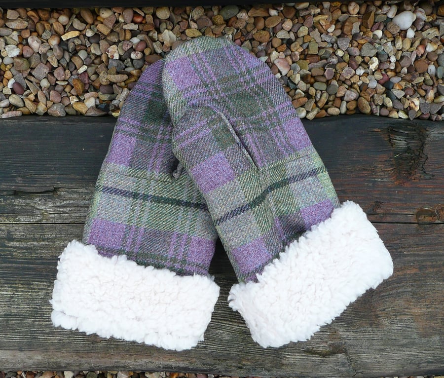 Ladies mittens purple green british wool tweed faux sheepskin sherpa fleece 