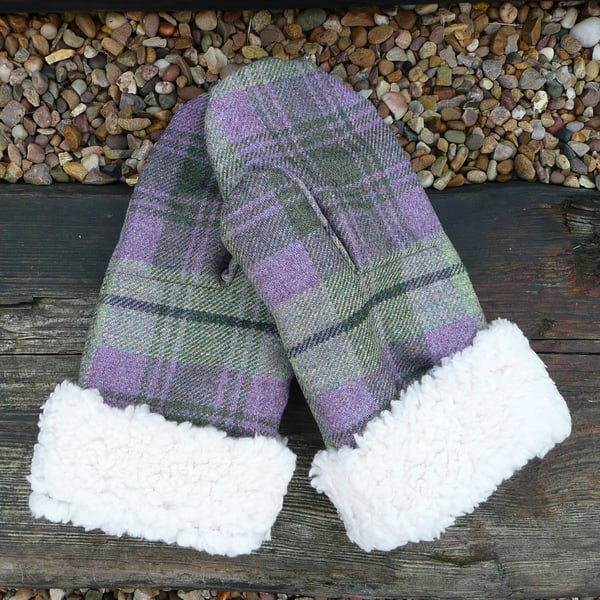 Ladies mittens purple green british wool tweed faux sheepskin sherpa fleece 