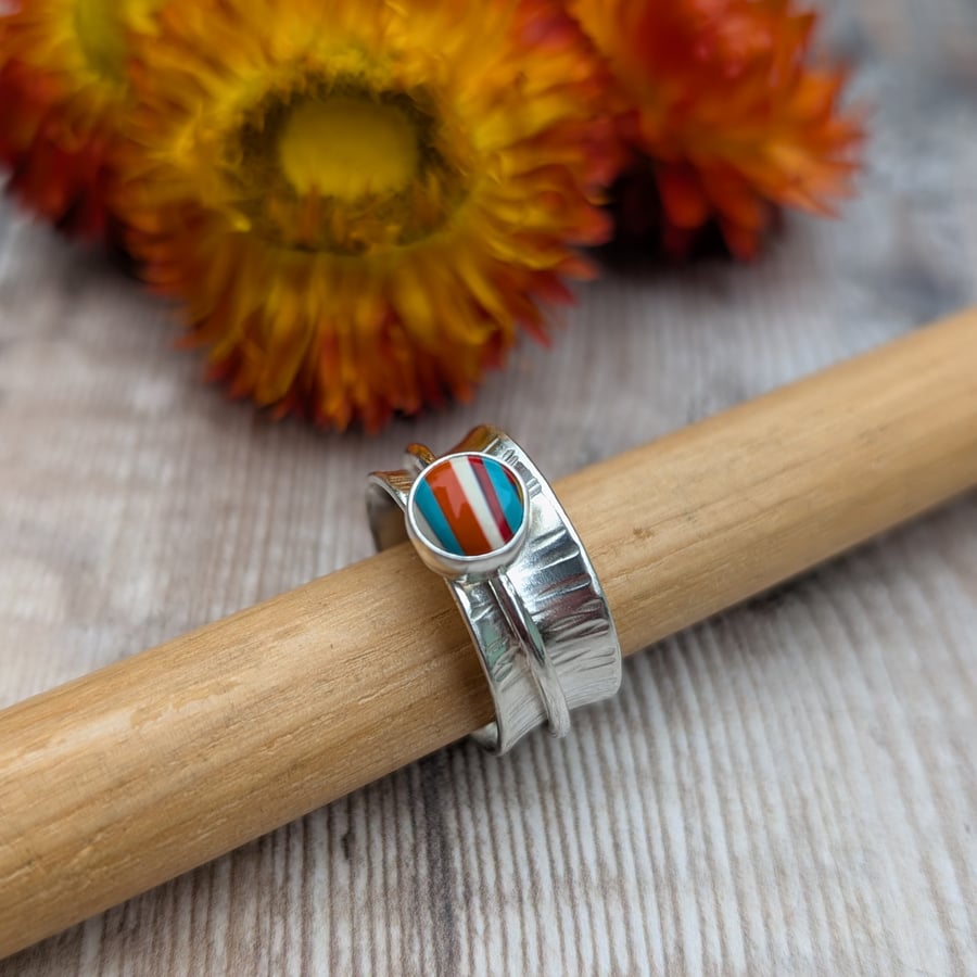 Sterling Silver Colourful Surfite Spinner Ring  - UK Size Q - JBJ9006