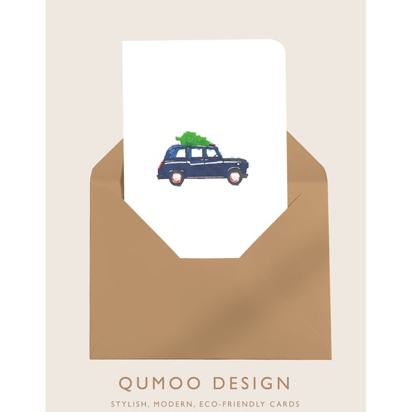 Christmas Card Cards Taxi London Cab Christmas Tree watercolour style (QM 210)