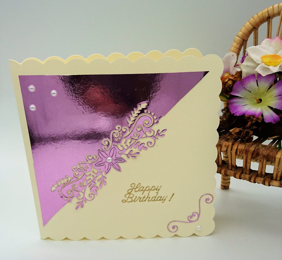 Happy Birthday Card. Ivory Scalloped Card with Mirror Pink FREE POSTAGE TO U.K.