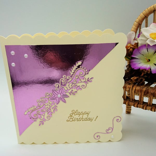 Happy Birthday Card. Ivory Scalloped Card with Mirror Pink FREE POSTAGE TO U.K.