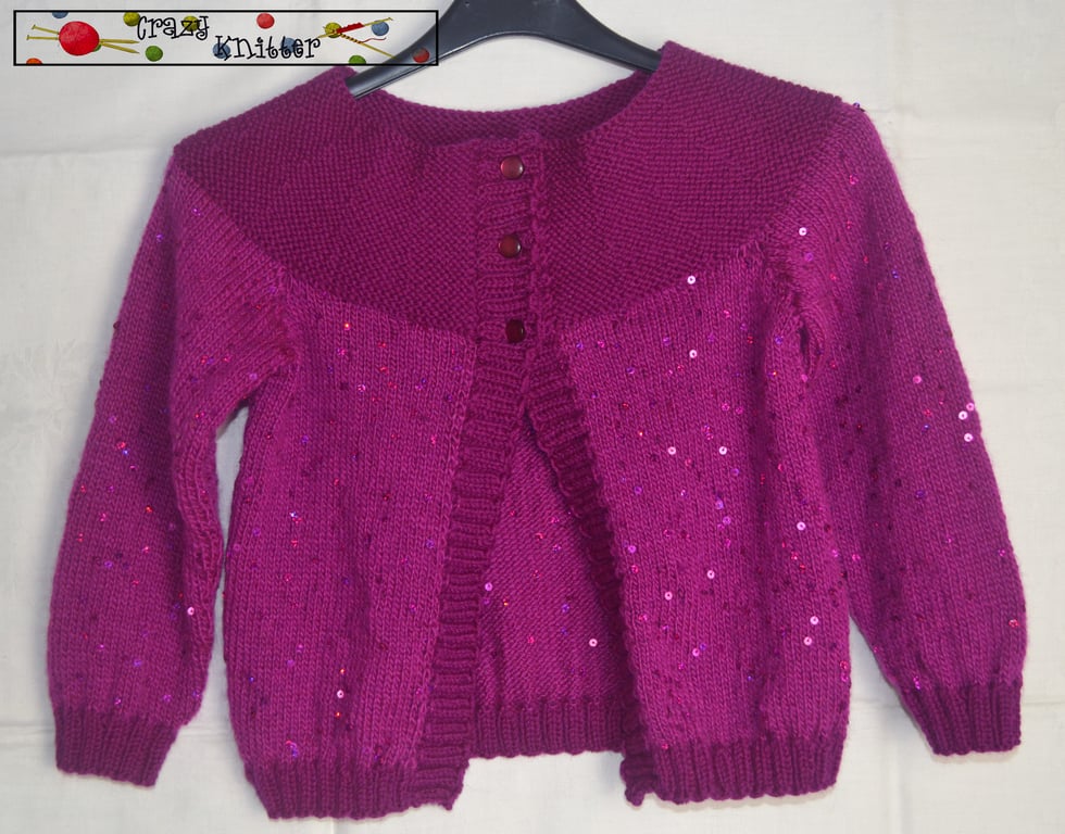 Hand Knitted Girl Jacket Dark Pink Merino Sequins 3-4 years 24"