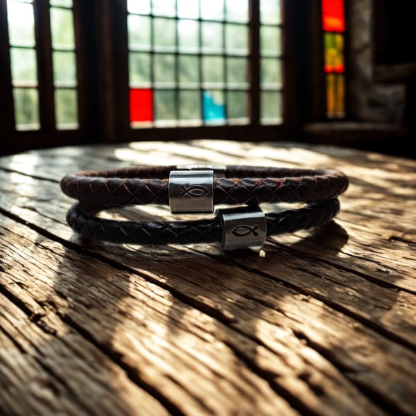 Hand Stamped Christian Fish Leather Bracelet - Gift Boxed - Free Delivery