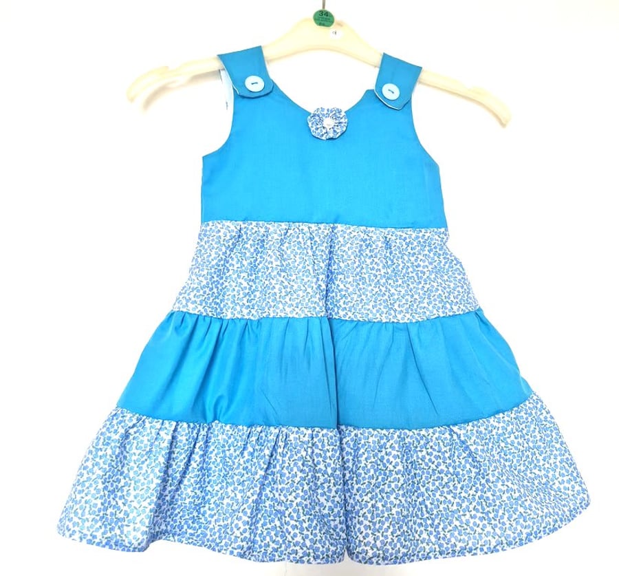 Blue and white cottons and cotton mix tiered sundress - size 1 to 2 years