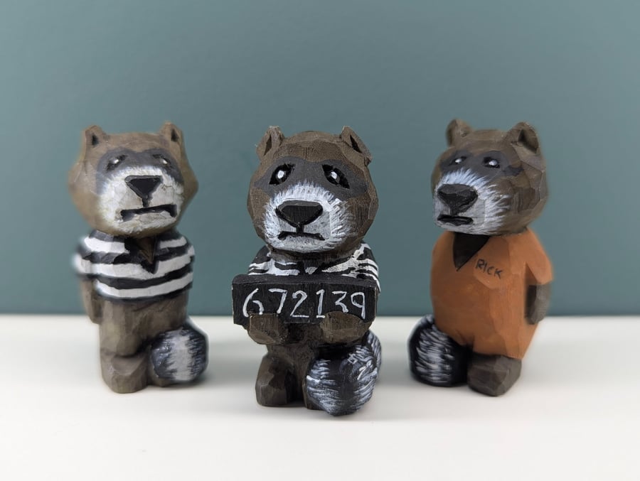 Hand Carved 'Bad Raccoons' Wooden Decoration