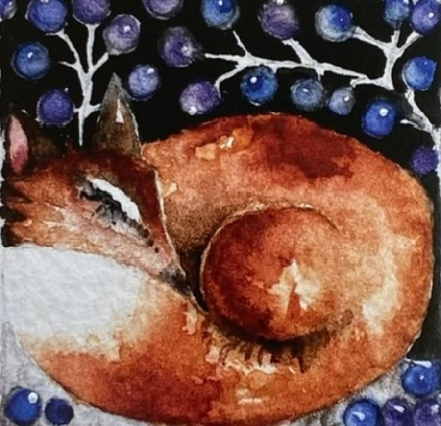 Whimsical Resting Fox under the Berry Bush Watercolour Print Artwork