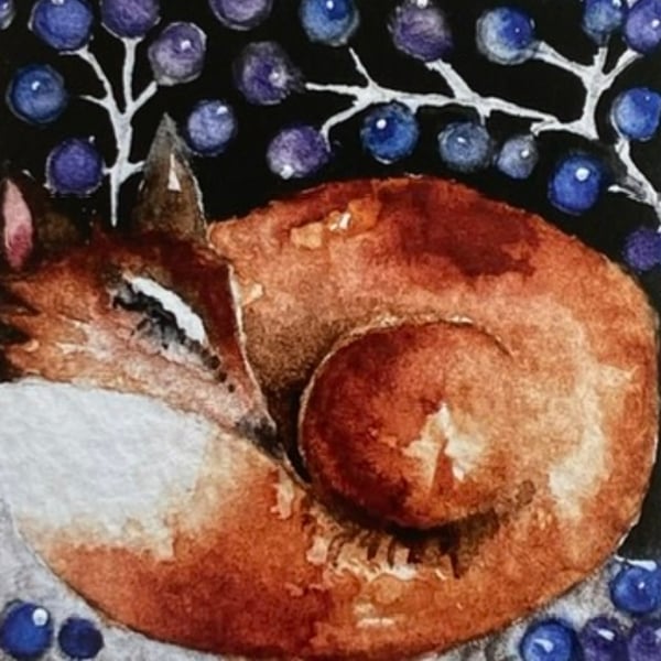 Whimsical Resting Fox under the Berry Bush Watercolour Print Artwork