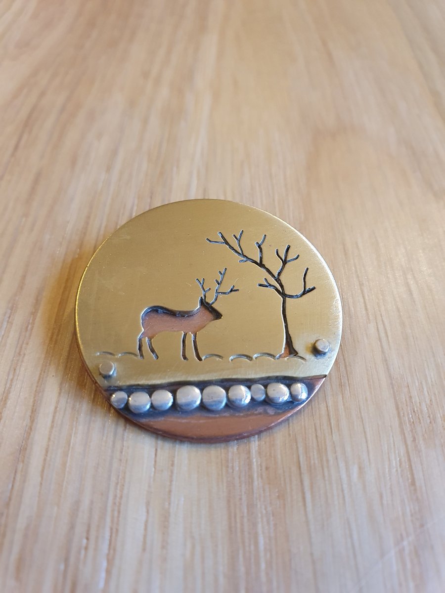 Brass and copper pendant  - Deer in the forest