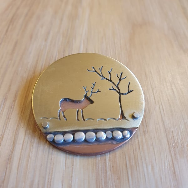 Brass and copper pendant  - Deer in the forest