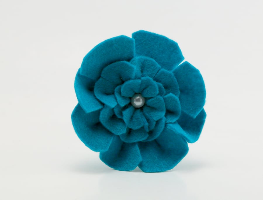 Felt Brooch - Handmade Teal Flower Brooch - Hand Sewn Pin - Button