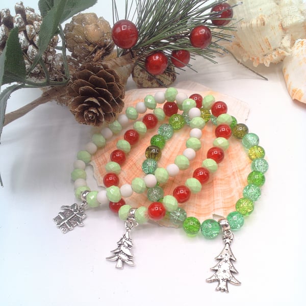 Christmas Themed Stretch Bracelets with Beads & Charms,  Secret Santa, Christmas