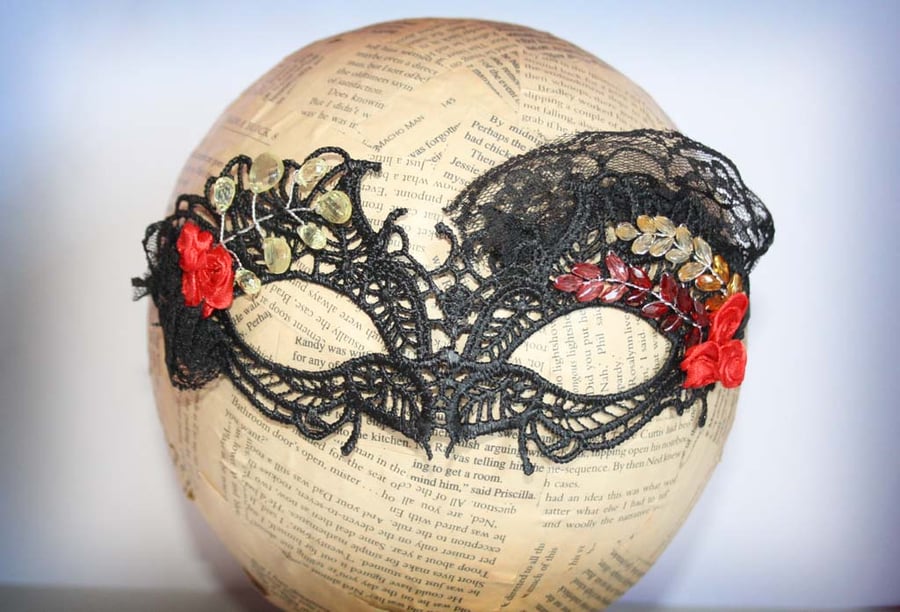 Black Lace Red Rose Beaded Masquerade Mask Fancy Dress Costume Ball