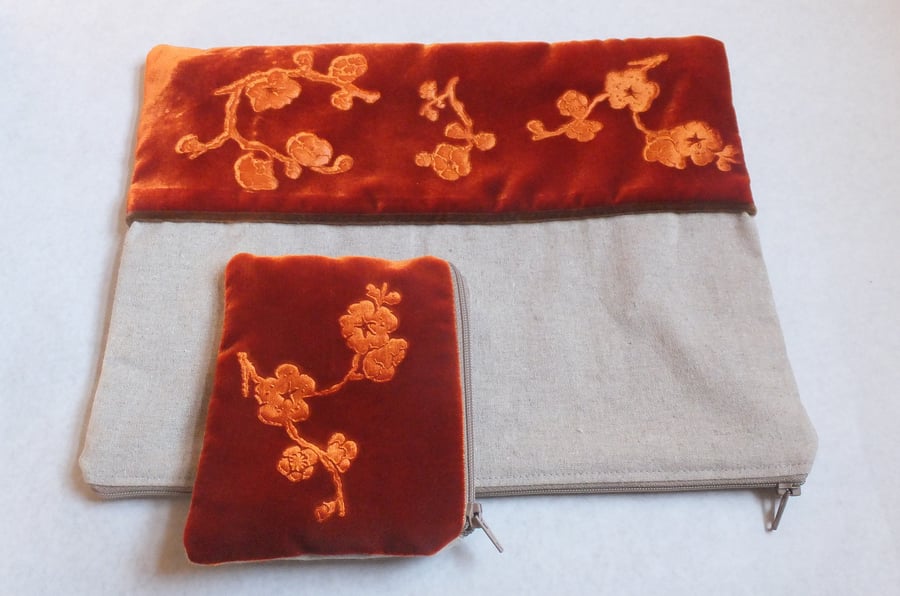 Orange floral zip pouch bag with embossed velvet & linen design, extra large..
