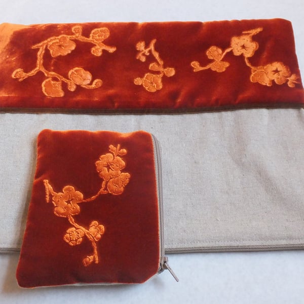Orange floral zip pouch bag with embossed velvet & linen design, extra large..
