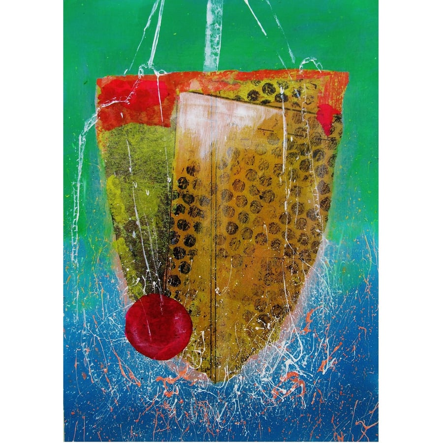 Abstract Boat Painting in Mixed Media Coastal Nautical Original Artwork A4