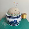 Blue and white vase embroidered pin cushion with bee and flowers