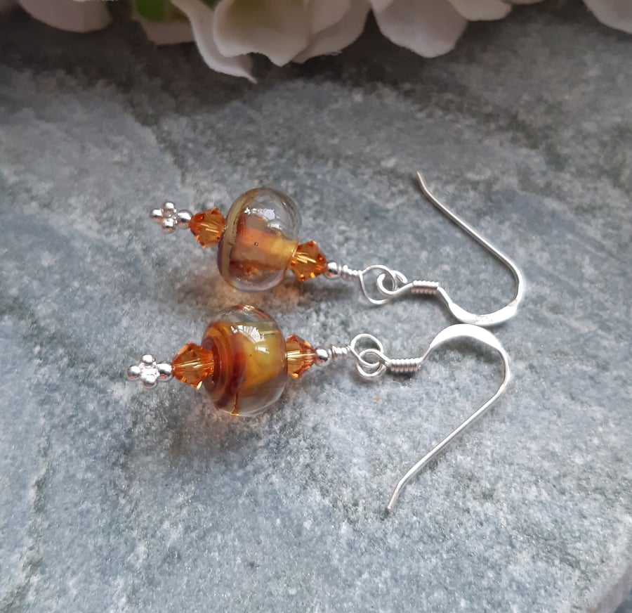 Sterling Silver Handmade Golden Tone Lampwork Glass and Crystal Earrings