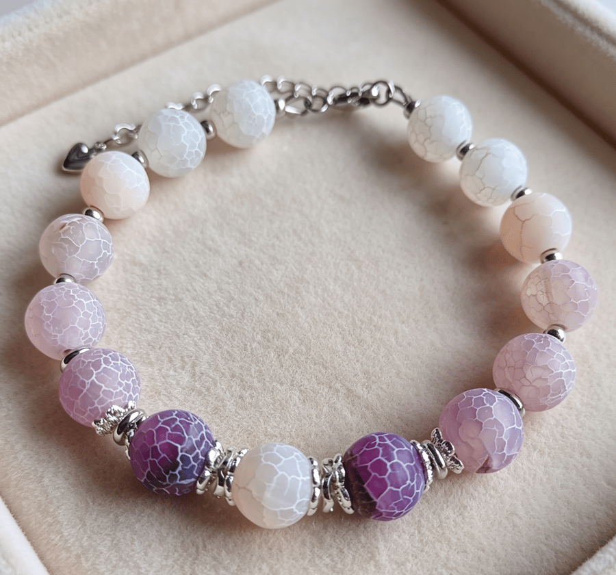 Crackle agate beaded bracelet, gift for her, bracelet with adjustable chain