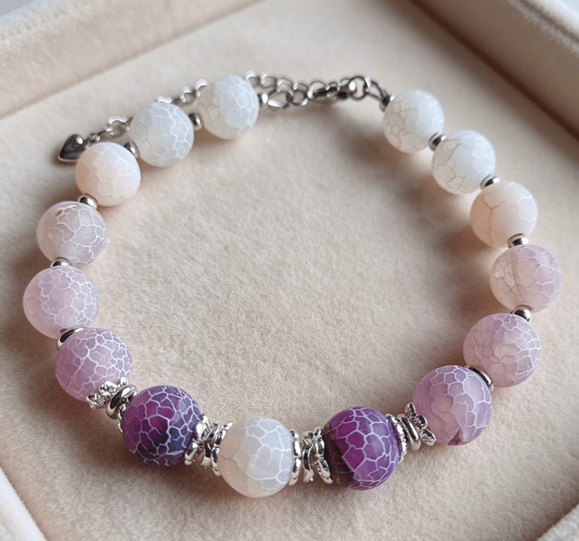 Crackle agate beaded bracelet, gift for her, bracelet with adjustable chain