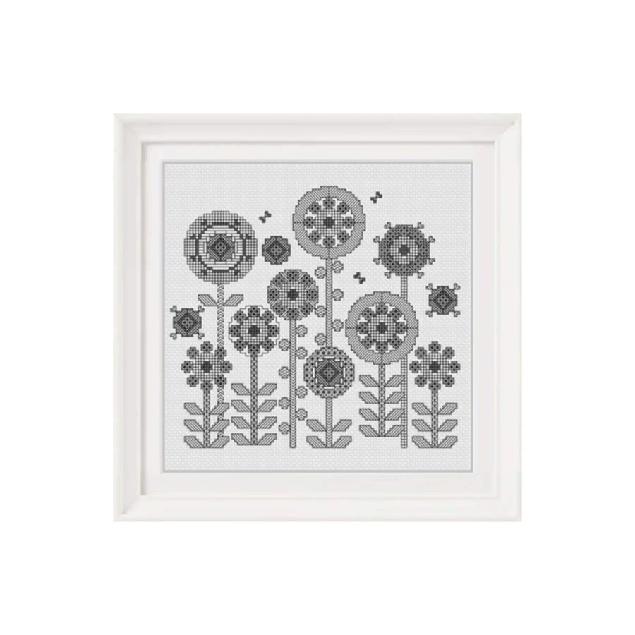 Floral Blackwork Embroidery Chart: Retro Flower Design (PDF Download)