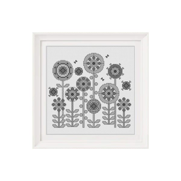 Floral Blackwork Embroidery Chart: Retro Flower Design (PDF Download)