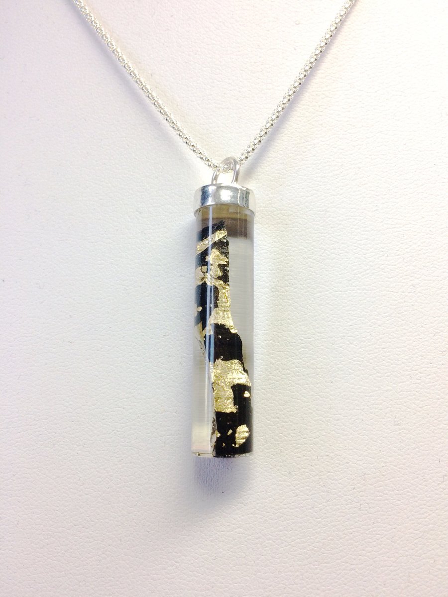 Resin Encased Ebony Wood with Gold Leaf . Sterling and Fine Silver Pendant Cap