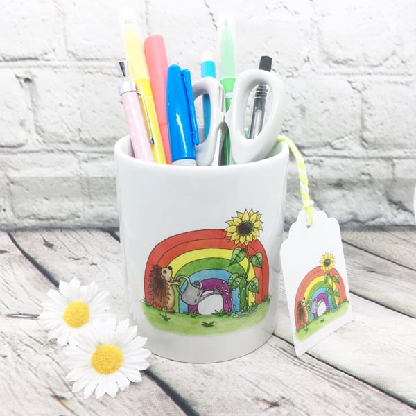 Hedgehog with Sunflower & Rainbow Ceramic Pot - Pencil Pot - Toothbrush pot