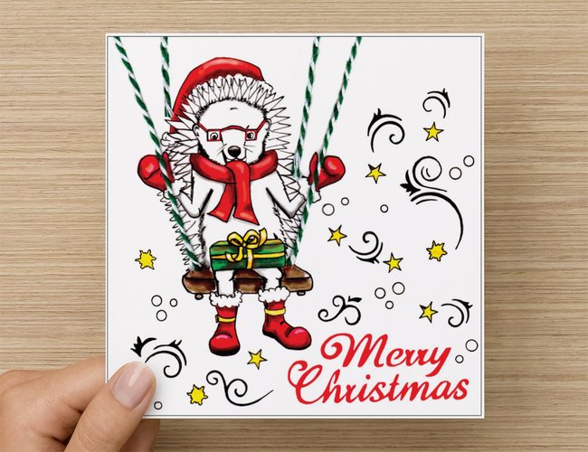Hedgehog Dougal themed, illustrated Christmas card (14 x 14 cm) with an envelope