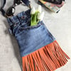 Fringed Denim Bag Cross Body Bag with Orange Leather Fringe