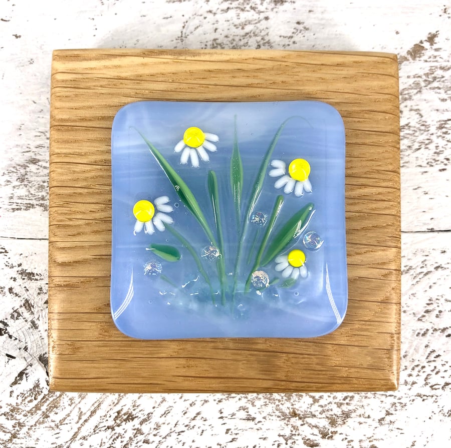 Daisy Fused Glass Picture set in Handcrafted Oak