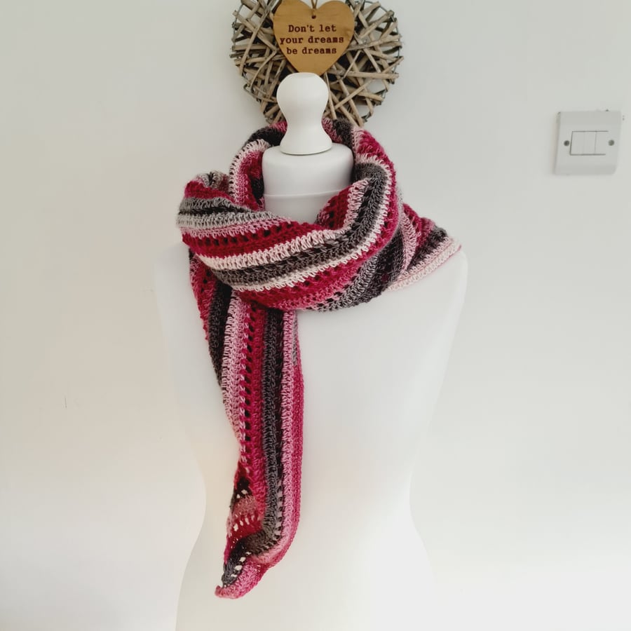 Crochet Scarf, Pink & Grey Neck Warmer, Wool Blend Triangle Shawl Wrap