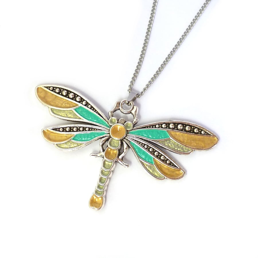 Gold and green dragonfly pendant, handpainted necklace iridescent enamels
