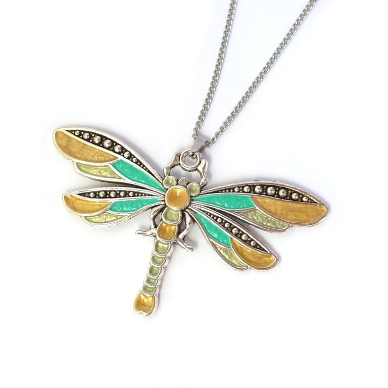 Gold and green dragonfly pendant, handpainted necklace iridescent enamels