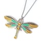 Gold and green dragonfly pendant, handpainted necklace iridescent enamels - Image 1