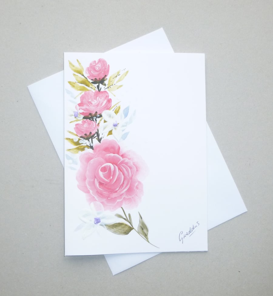 hand painted rose original art blank greetings card.( ref FA89 C1 )