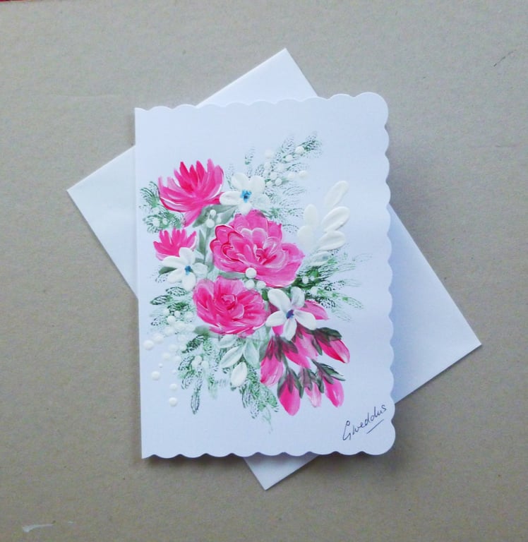 hand painted roses floral blank greetings card ( ref FA 128 J1 )