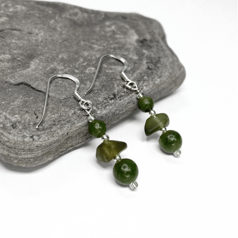 Sea Glass Earrings. Green Jade Crystal Beaded Dangly Earrings - Sterling Silver