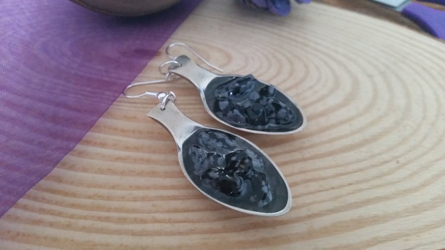 Upcycled Silver Plated Sugar Tong Earrings with Snowflake Obsidian SPE061501