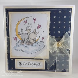 Handmade engagement card - bunnies on a cloud