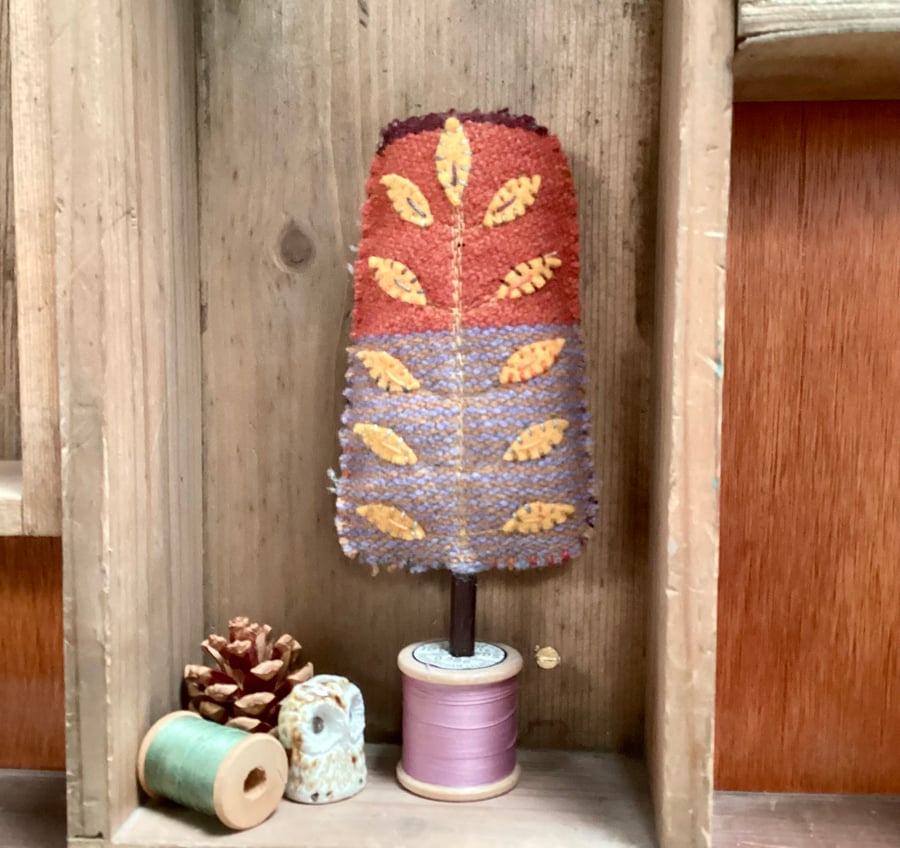 Hand woven lilac and rust tree with mustard leaves 