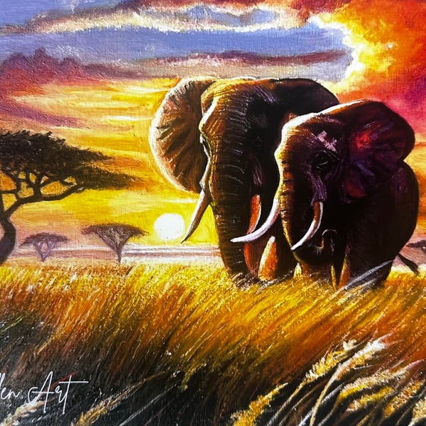 Elephants at Sunset – African Wildlife Print