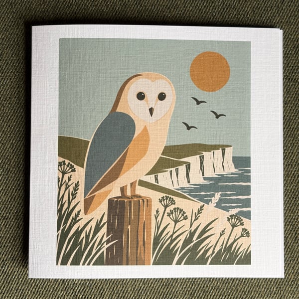 Barn Owl Greeting Card, South Downs & Sussex Coast, 6x6 Linen Card