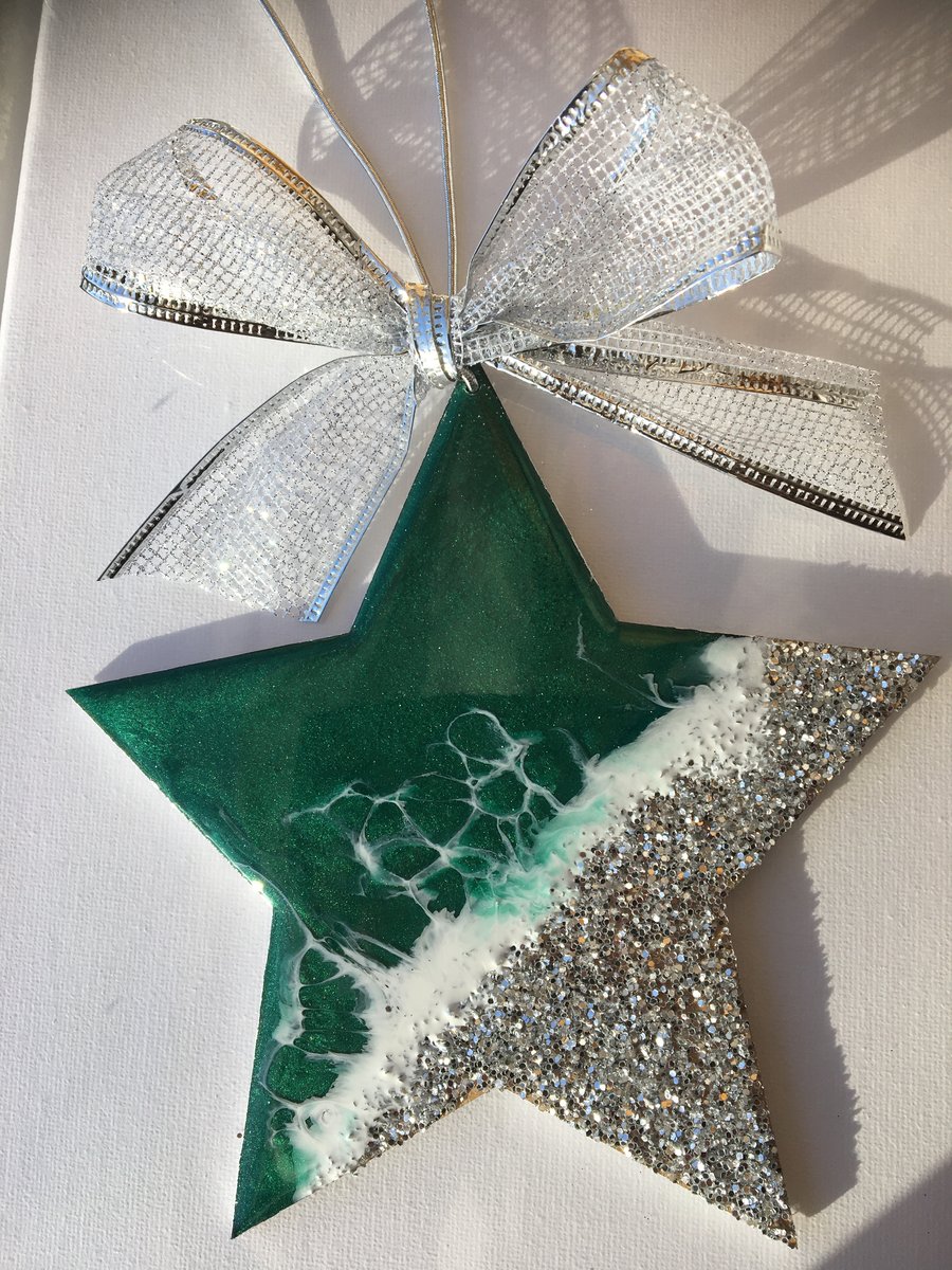 Christmas decoratio, abstract, coastal, star, shimmering  green, silver
